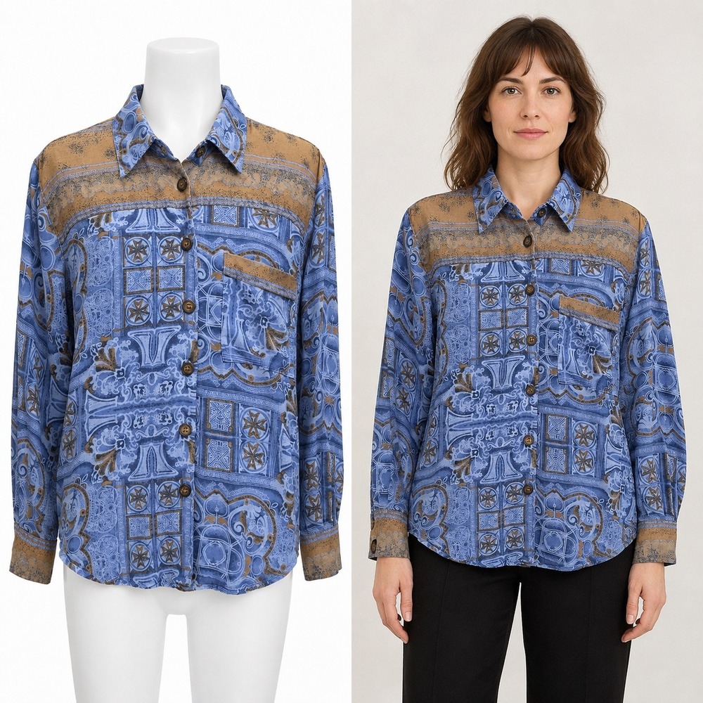 Vintage Le Caviar Button Up Shirt Women 4 Blue Tan Geometric Baroque Long Sleeve